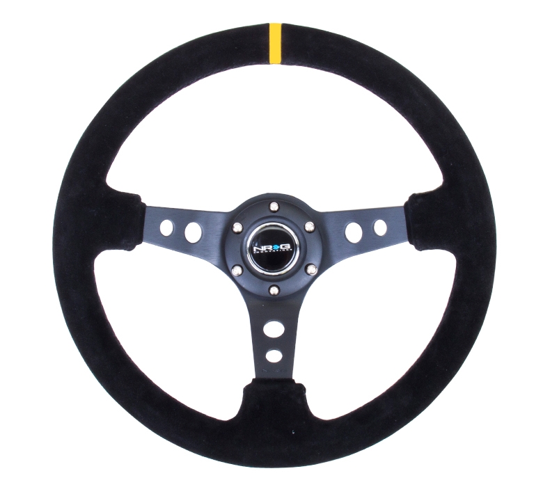 NRG Reinforced Steering Wheel (350mm / 3in. Deep) Black Suede w/ Circle Cut Spokes & Single Yellow CM
